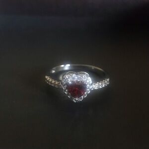 Heart-Shaped Red Crystal Gem Halo Ring in Sterling Silver